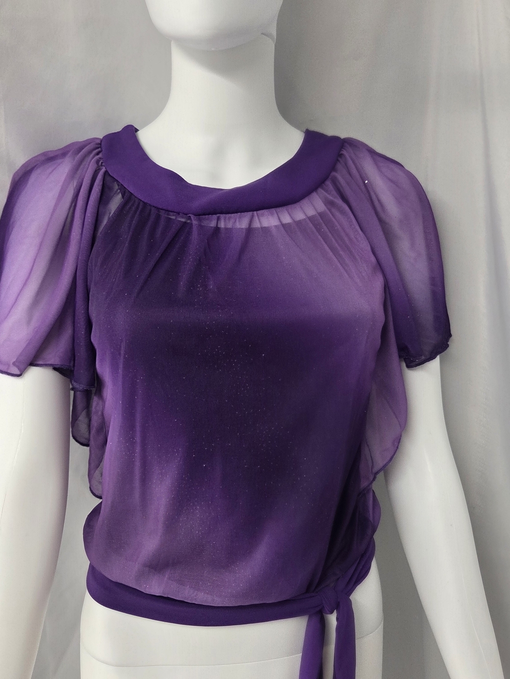 Fairycore Purple Ombre Glitter Shimmer Flutter Sleeve Bubble Hem Blouse Top M